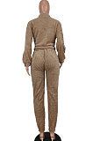 SUPER WHOLESALE|Camel Thick Double Velvet V Collar Casual Pants Sets AGY68534
