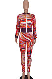 Purple Women Long Sleeve Zipper Bodycon Printing Pants Sets AGY68530-3