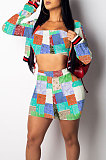 Yellow Multicolor Printed Spliced Strapless+Cardigan Coat Short Skirts Three Piece T214-1