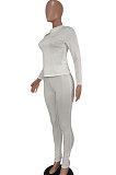 White Ribber Solid Color Casual Long Sleeve Long Pants Sets AGY68535-1