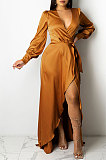 Brown Trendy Sexy Pure Color Women Deep V Collar Bandage Long Sleeve Split Long Dress XZ5373-3