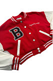 Red Autumn Winter Fashion Leather Spliced Button Baseball Uniform Coat D8468-1