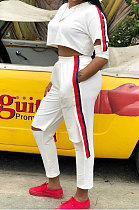 White Wholesale Women's Webbing Spliced Half Sleeve T-Shirts Trousers Hole Suit SYY8071