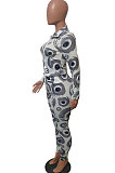 Grey Fashion Women's Design Printed Long Sleeve Zipper Tops Skinny Pants Suit T243-1