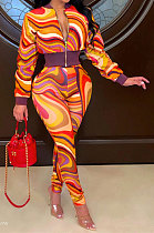 Orange Women Long Sleeve Zipper Bodycon Printing Pants Sets AGY68530-2