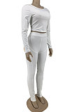 White Simple Long Sleeve Back Bandage Tops Letter Printed Skinny Pants Sets DN8645-2