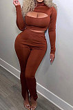 Brown Women's Long Sleeve Stand Collar Hollow Out Sexy Split Pants Sets Q983-3