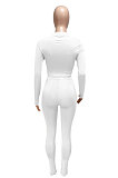 White  Women's Long Sleeve Stand Collar Hollow Out Sexy Split Pants Sets Q983-1