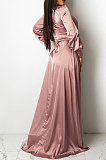 Pink Trendy Sexy Pure Color Women Deep V Collar Bandage Long Sleeve Split Long Dress XZ5373-4