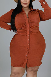 Orange Euramerican Fat Women's Long Sleeve Lapel Neck Single-Breasted Shirt Dress QZ7005-1