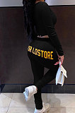 Black Simple Long Sleeve Back Bandage Tops Letter Printed Skinny Pants Sets DN8645-1