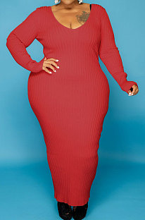 Red Simple Ribber Long Sleeve V Neck Collect Waist Slim Fitting Plus Long Dress WY7119-4