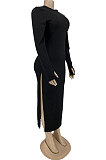 Black Sexy Cotton Long Sleeve O Neck High Slit Slim Fitting Dress DN8646-2