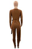 Dark Brown  Wholesale New Long Sleeve Round Neck Lace-Up Knotted Irregularity Tops Skinny Pants Solid Color Suit SZS8198-2