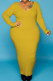 Yellow Simple Ribber Long Sleeve V Neck Collect Waist Slim Fitting Plus Long Dress WY7119-1