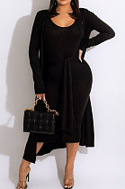 Black Fashion Lace-Up Tank Dress+Cardigan Coat Solid Color Suit QZ3328-2