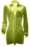 Yellow Green Women's Korea Velvet Deep V Collar Tied Sexy T Shirt/Shirt Dress Q982-5
