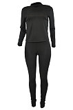 Black Ribber Solid Color Casual Long Sleeve Long Pants Sets AGY68535-3