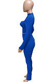 Blue Women's Long Sleeve Stand Collar Hollow Out Sexy Split Pants Sets Q983-2