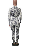 Grey Fashion Women's Design Printed Long Sleeve Zipper Tops Skinny Pants Suit T243-1