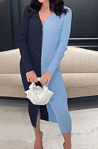 Blue Cotton Blend Sexy V Collar High Waist Color Matching Buttons Long Dress CSM21475-1