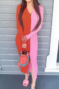 Orange Cotton Blend Sexy V Collar High Waist Color Matching Buttons Long Dress CSM21475-4