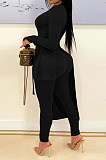 Black Wholesale New Long Sleeve Round Neck Lace-Up Knotted Irregularity Tops Skinny Pants Solid Color Suit SZS8198-3