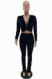 Black Wholesale Women's Ruffle Velvet Long Sleeve V Neck Crop Tops Trousers Suit QC8050-5