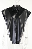 Dark Red Women Sexy PU Leather Solid Color Loose Shirts Tanks CSM21387-4