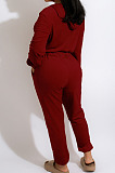 Wine Red Simple New Velvet Long Sleeve Zipper Bandage Hooded Jumpsuits QZ6131-4