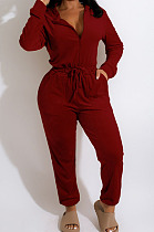 Wine Red Simple New Velvet Long Sleeve Zipper Bandage Hooded Jumpsuits QZ6131-4