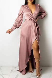 Pink Trendy Sexy Pure Color Women Deep V Collar Bandage Long Sleeve Split Long Dress XZ5373-4