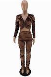 Khaki Wholesale Women's Ruffle Velvet Long Sleeve V Neck Crop Tops Trousers Suit QC8050-3