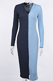 Blue Cotton Blend Sexy V Collar High Waist Color Matching Buttons Long Dress CSM21475-1
