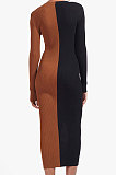 Black Cotton Blend Sexy V Collar High Waist Color Matching Buttons Long Dress CSM21475-3