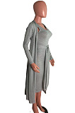 Grey Fashion Lace-Up Tank Dress+Cardigan Coat Solid Color Suit QZ3328-3