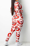 Red Fashion Women's Design Printed Long Sleeve Zipper Tops Skinny Pants Suit T243-2