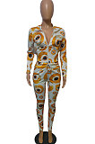 Yellow Fashion Women's Design Printed Long Sleeve Zipper Tops Skinny Pants Suit T243-3