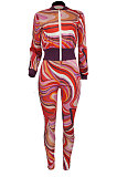 Purple Women Long Sleeve Zipper Bodycon Printing Pants Sets AGY68530-3