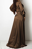 Brown Trendy Sexy Pure Color Women Deep V Collar Bandage Long Sleeve Split Long Dress XZ5373-1