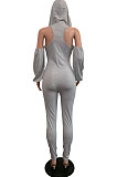 Grey Autumn V Neck Off Shoulder Zipper Splied Pure Color Slim Fitting Jumpsuits AFY754-1