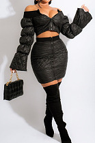 Black Fashion Luxe A Wrod Shouldet Puff Sleeve Zipper Tops Mini Skirts Sets QZ7008-2