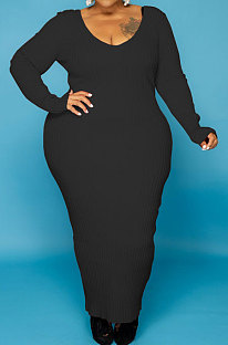 Black Simple Ribber Long Sleeve V Neck Collect Waist Slim Fitting Plus Long Dress WY7119-3