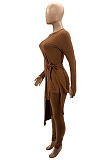 Dark Brown  Wholesale New Long Sleeve Round Neck Lace-Up Knotted Irregularity Tops Skinny Pants Solid Color Suit SZS8198-2