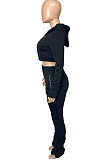 Gray Euramerican Velvet Hoodie Long Sleeve Zipper Pure Color Ruffle Pants Sets Q992-5