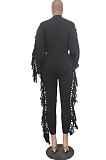 Wine Red Fashion Kintting Long Sleeve Round Neck Crop Tops Trousers Cute Tassel Suit TRS1186-3