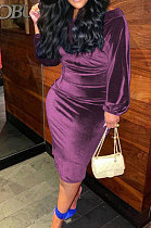 Pink Purple Women's Velvet A Word Shoulder Solid Color Bodycon Midi Dress MF6660-6