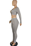 Khaki Sexy Women's Long Sleeve Lace-Up Crop Tops Skinny Pants Solid Color Suit LWW9325-1