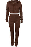 Red Euramerican Velvet Hoodie Long Sleeve Zipper Pure Color Ruffle Pants Sets Q992-3