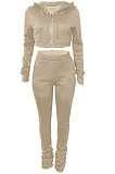 Navy Blue Euramerican Velvet Hoodie Long Sleeve Zipper Pure Color Ruffle Pants Sets Q992-7